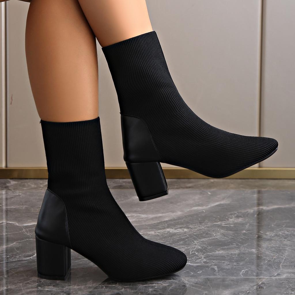 Short Boots Women's Autumn and Winter New Elastic Boots Retro Thick Heel Thin Boots High Heel Spring and Autumn Single Boots Martin Boots Women