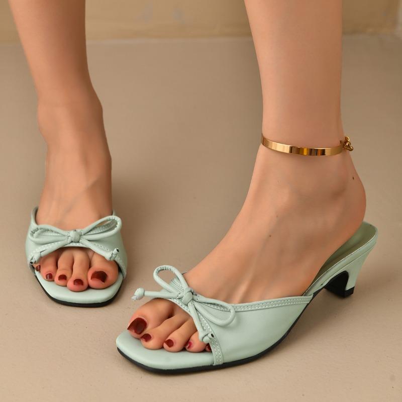 

Summer New Women s Bow Decorated High Heels Square Toe Fashion Temperament One-word Rear Air Sandals Slippers 35 світло-зелений колір