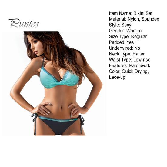 2Pcs/Set Women Sexy Bikini Set Halter V-neck Sleeveless Bra Low-rise Briefs Set Contrast Color Lace-up Swimsuit Bathing Suit