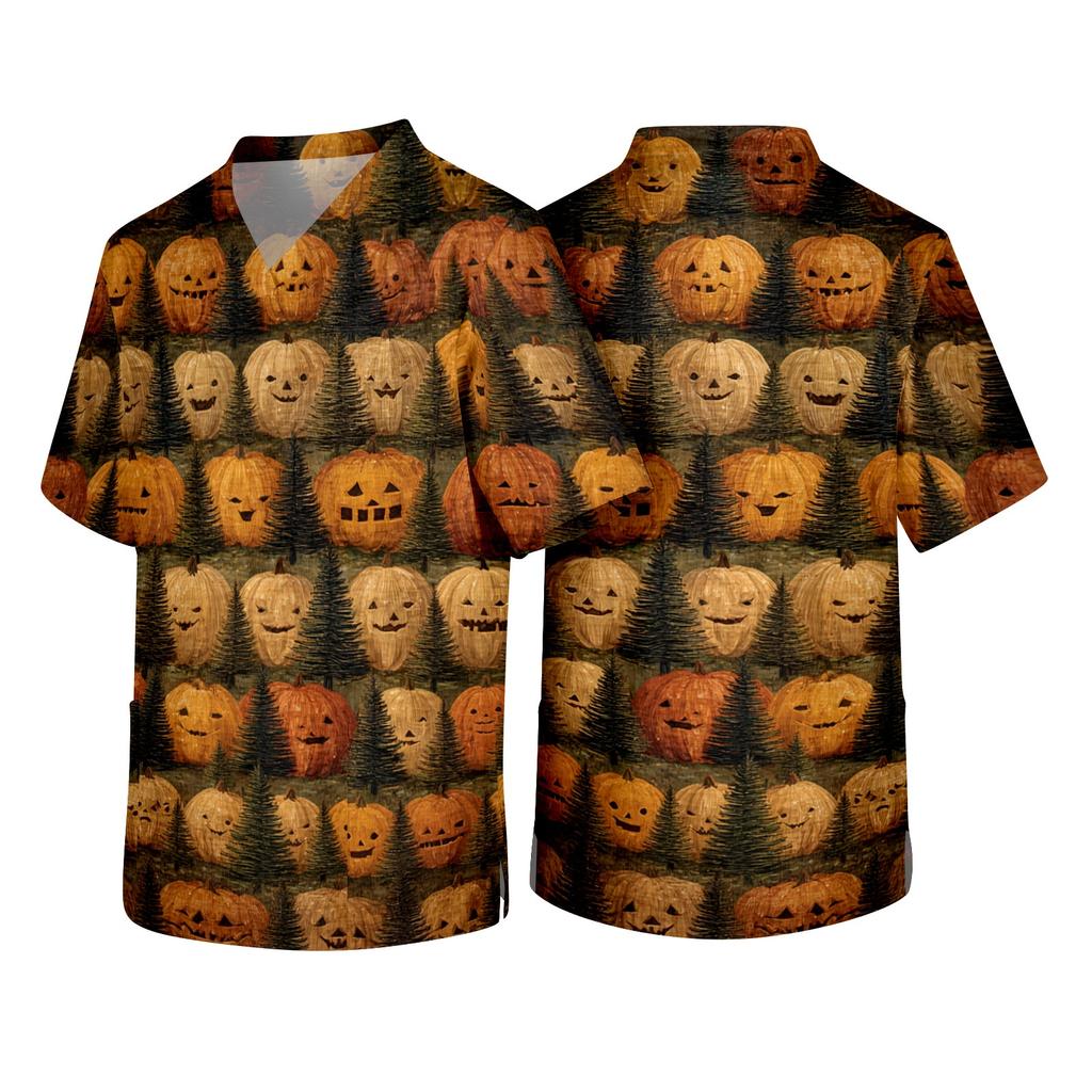 Men's V Neck Halloween Print Scrub Top with Chest Pocket and Two Front Pockets for Healthcare Professionals Workwear