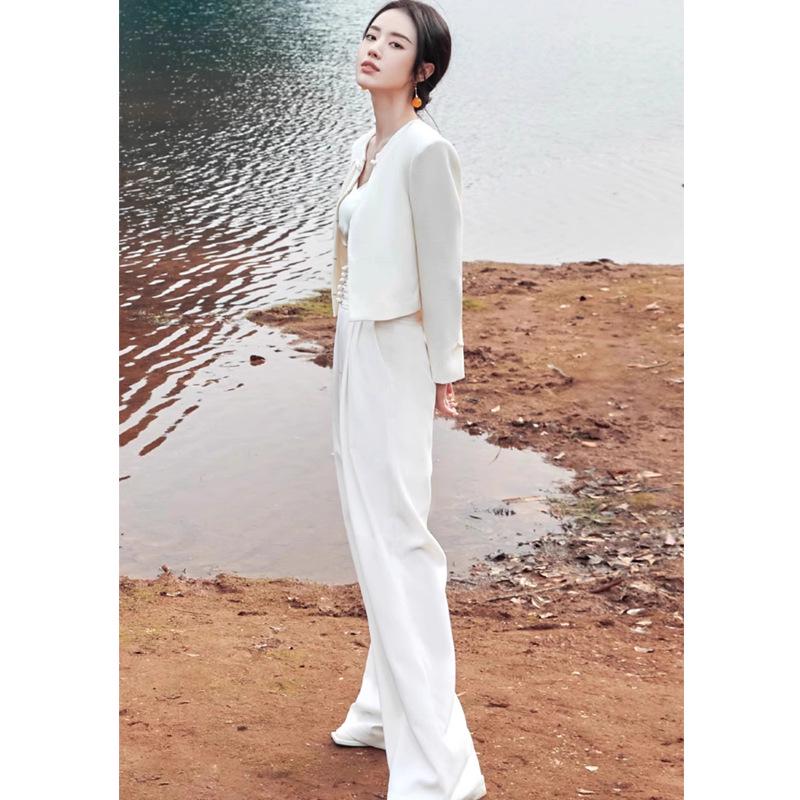 Beige Chinese Style OL Midi Skirt Set with Round Neck and Front Slit