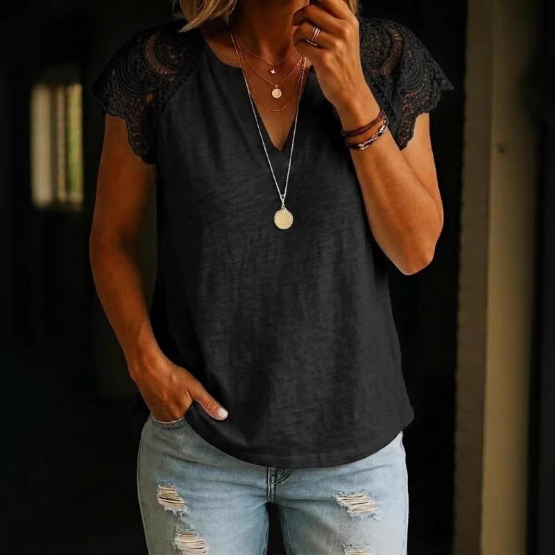 Women V Neck Lace Patchwork Short Sleeve Loose Casual Comfortable Summer New T Shirt Top