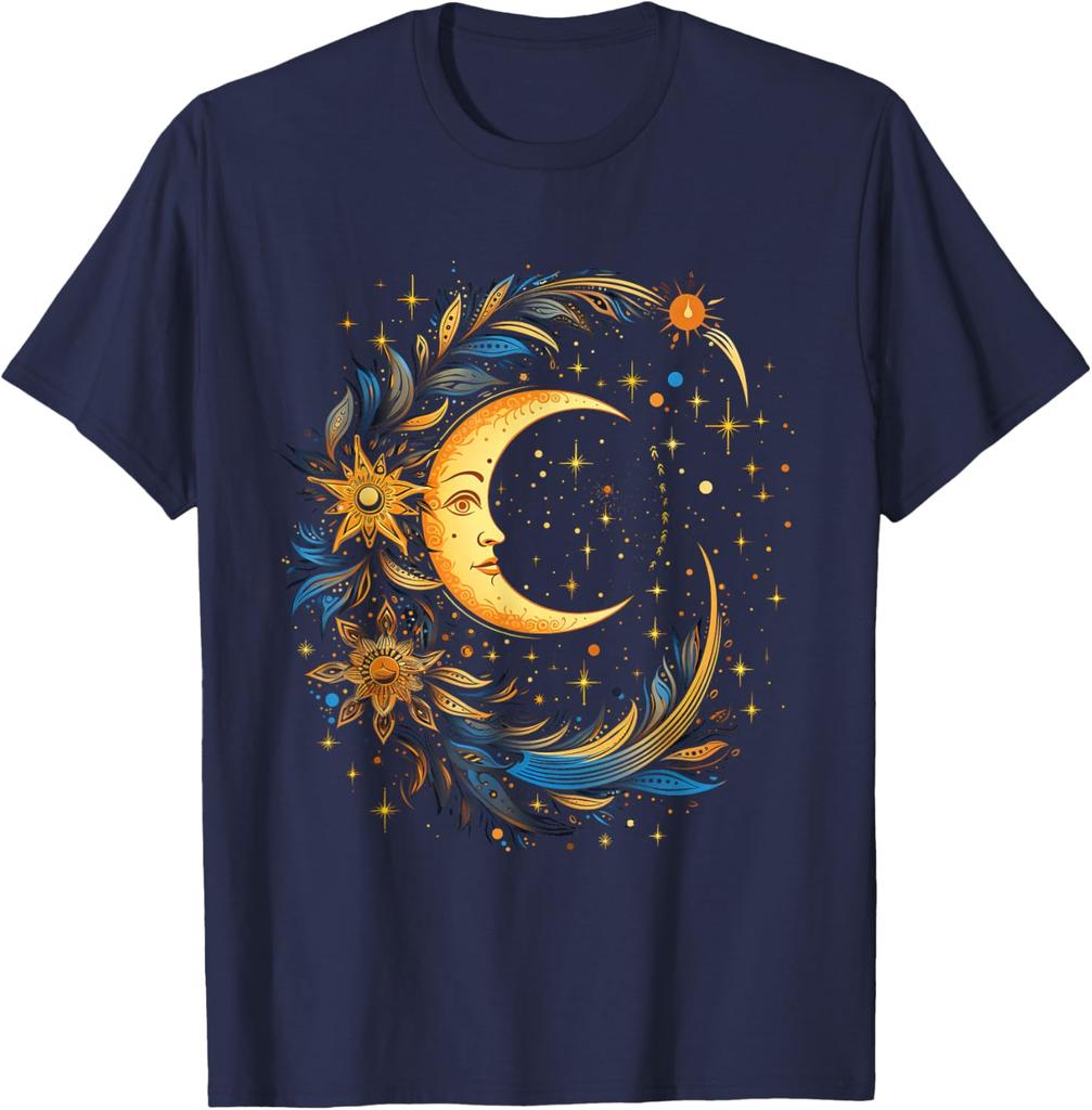 Mystic Celestial Moon and Sun Face Graphic Tee Casual Cotton Short Sleeve T-Shirt for Men