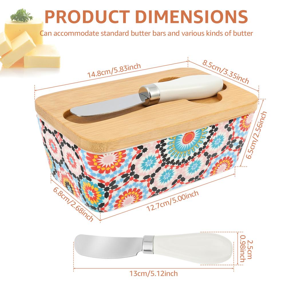 5.83" Large Butter Dish Vintage Ceramic Butter Box with Bamboo Lid Multi-role Counter Square Food Storage Box Kitchen Supplies