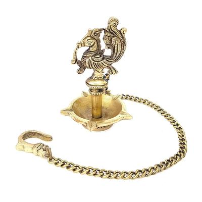 New Handmade Ethnic Peacock Design 5 Oil Wick Brass Hanging Diya, Brass Diyas for Decoration, Standard, Pack of 1