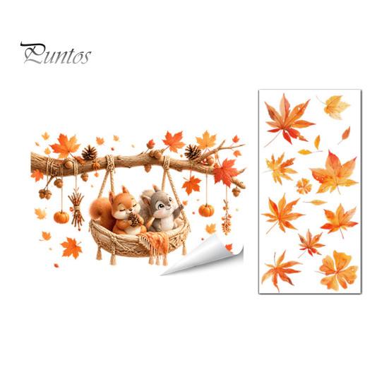 Seasonal Window Films 2Pcs Fall Maple Leaves Animals Static Stickers, Autumn Squirrel/Hedgehog/Rabbit/Raccoon Glass Removable Decor PVC Waterproof