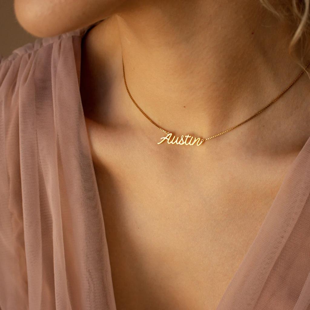 Custom Necklace For Women Any Font with Box Chain Gold Nameplate Necklace Best Friend Perfect Birthday Gift Choker