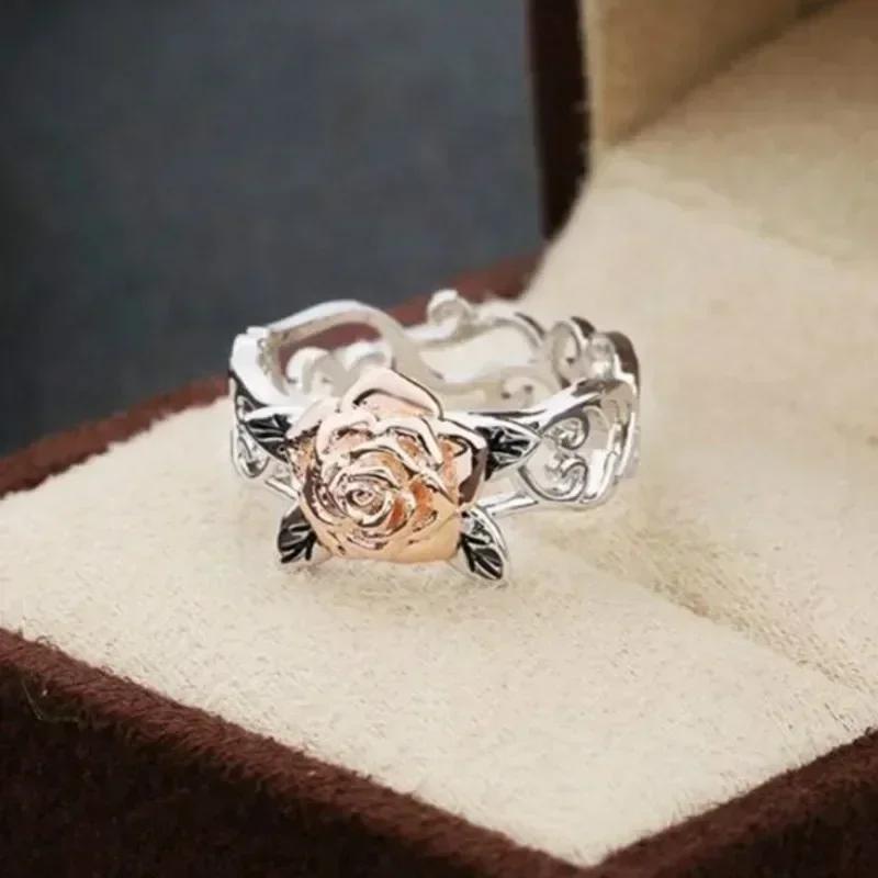 Vintage Block Rose Gold Plated Flower Ring for Women Fashion Style Plated Color Two-Tone Rose Flower Lady Ring Jewelry Gifts