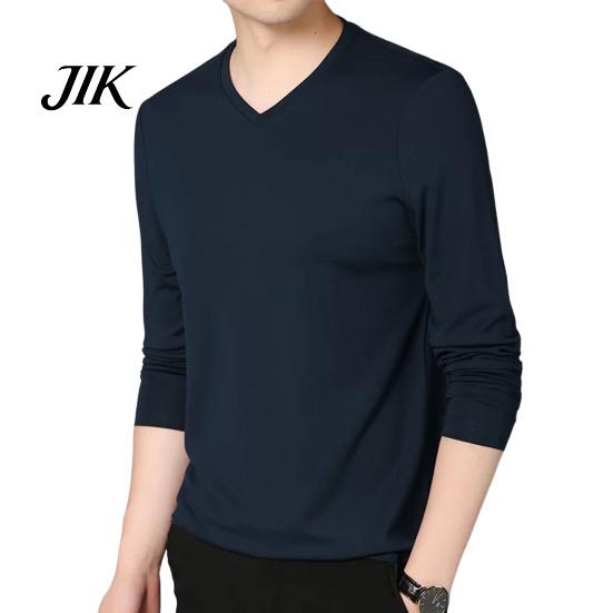 Spring Top Men Fall V Neck Long Sleeves Pure Color Autumn Clothes Slim Fit Thin Pullover T-shirt Daily Wear Sport Homewear