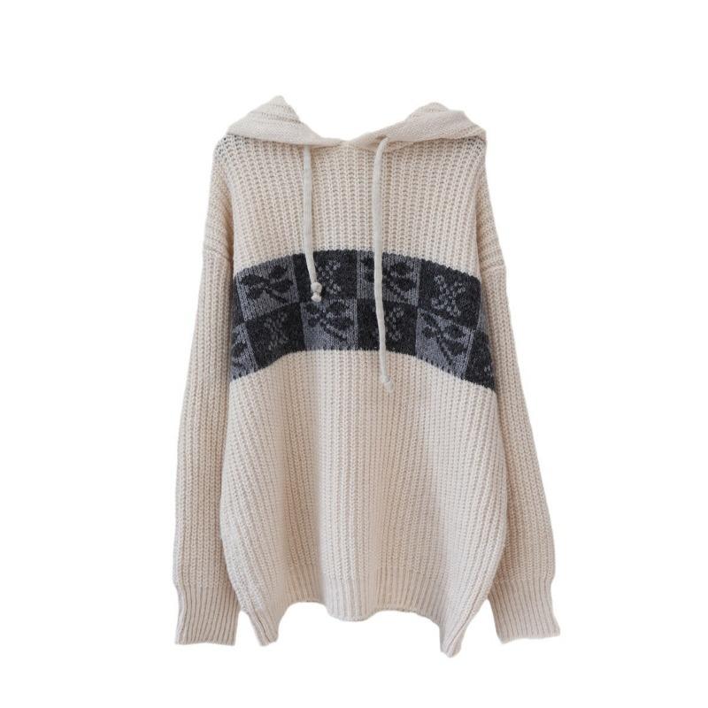 Retro Hong Kong-style Hooded Sweater Pullover Autumn and Winter New Thickened Medium and Long Loose Knitted Sweater Top Women