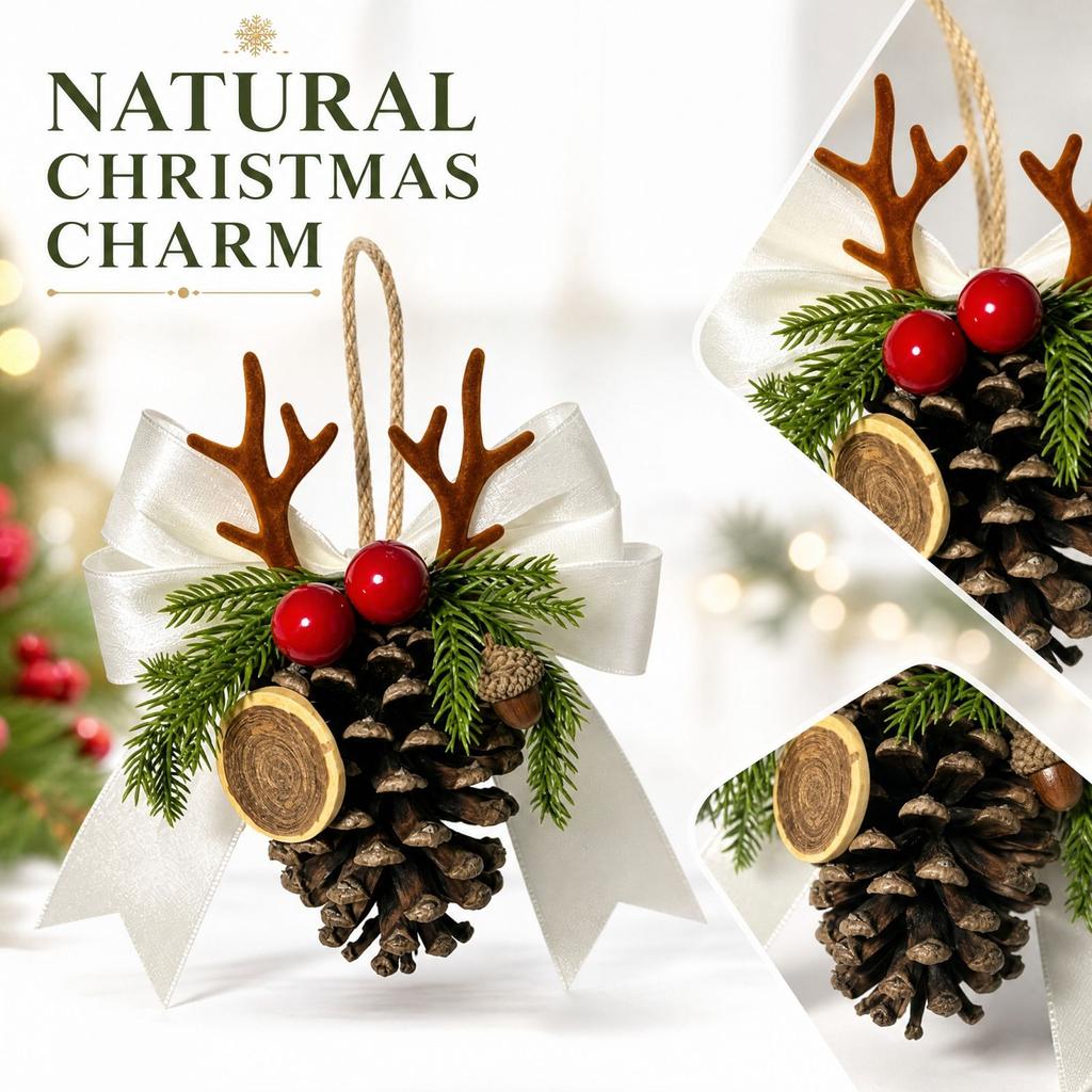 Pinecone and Red Ball Hanging Ornament with Sheer Fabric for Holiday Scene Decoration
