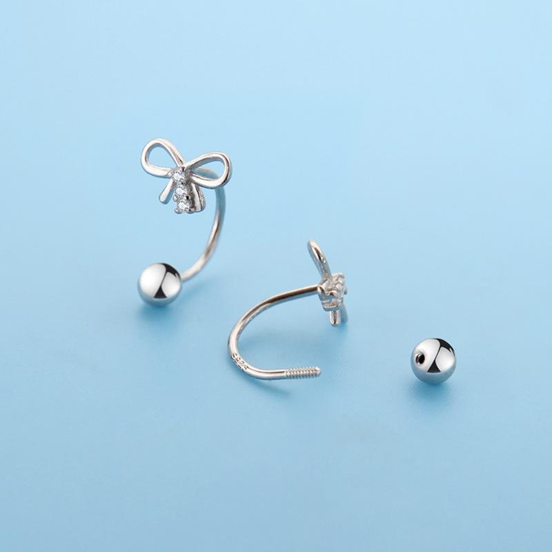 S925 Plated Silver Stud Earrings New Tide Japan and South Korea Women Simple Screw Twist Bean Earrings with Diamond Bow Stud Earrings
