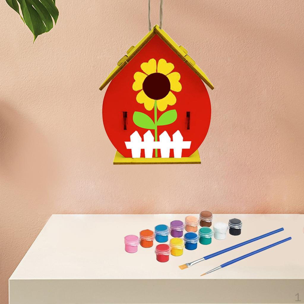 3D Painting Puzzle Bird House DIY Wooden Assembly Model Building S with 12 Color Pigments & Brush