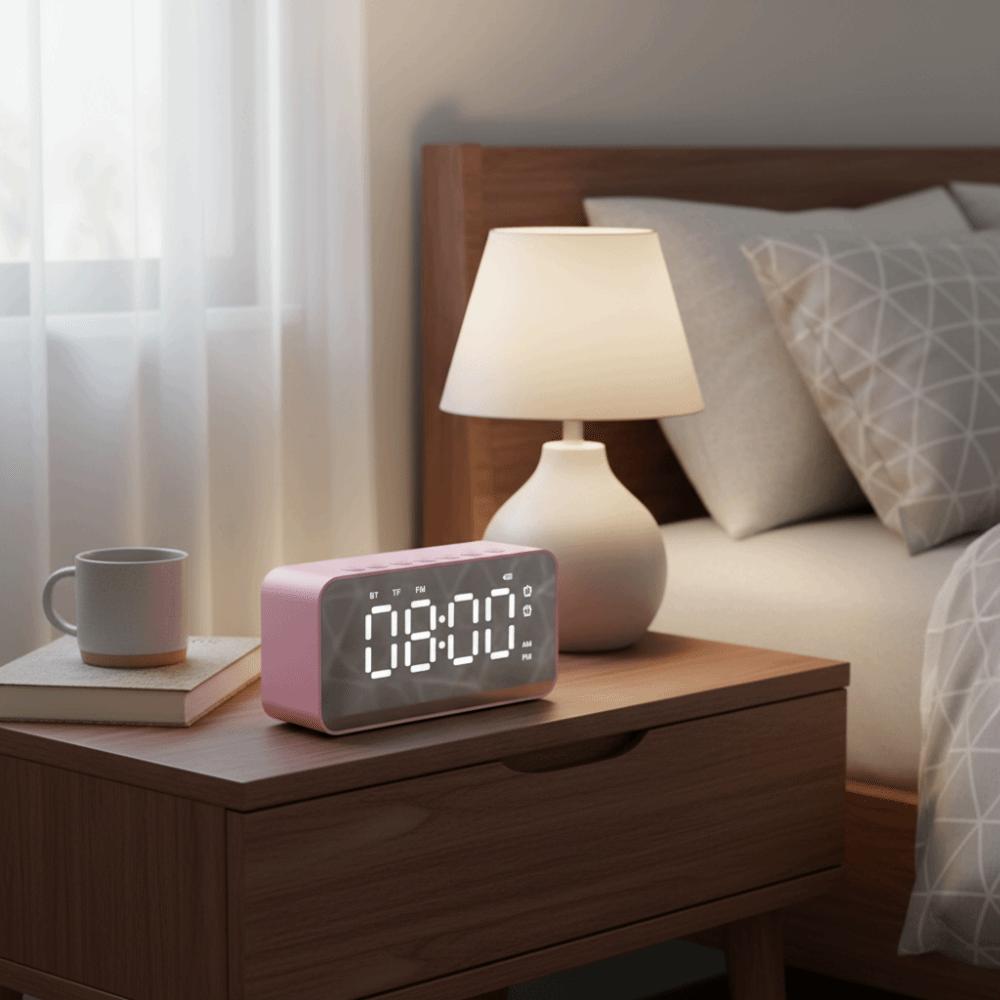Stereo Sound Bluetooth Speaker Mini FM Radio Creative LED Mirror Clock Gift