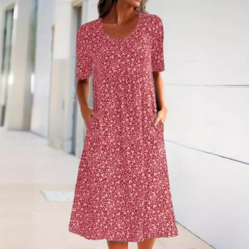 French holiday style new round neck short-sleeved floral mid-length dress women