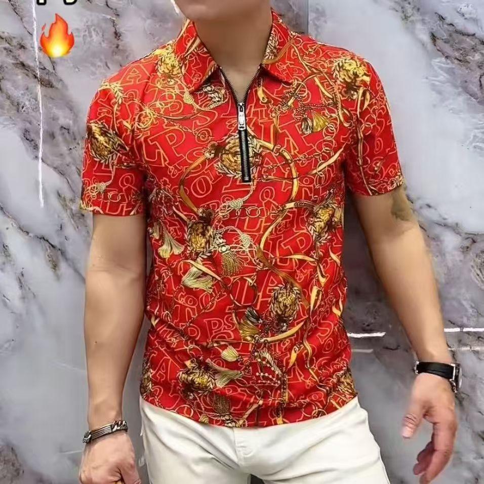 

2025 Summer New Short Sleeve Men s Casual Trendy Printed High Elasticity Non-Iron Shirt Men s Zipper Short Sleeve 4XL чорний