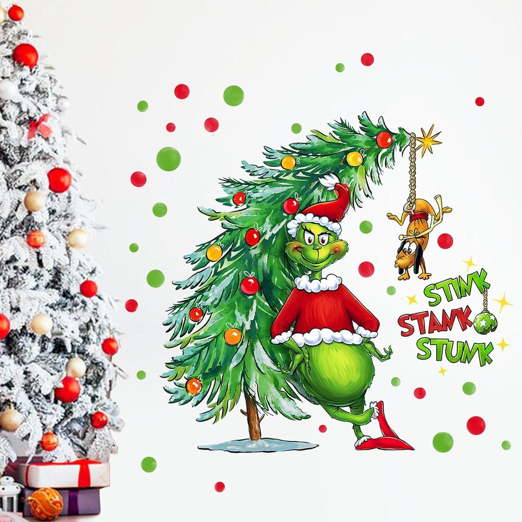 Yovkky Merry Christmas Wall Decals Stickers, Xmas Tree Max Dog 2026 New Year Bedroom Decor Home Kitchen Decorations, Winter Holiday Red Green Polka