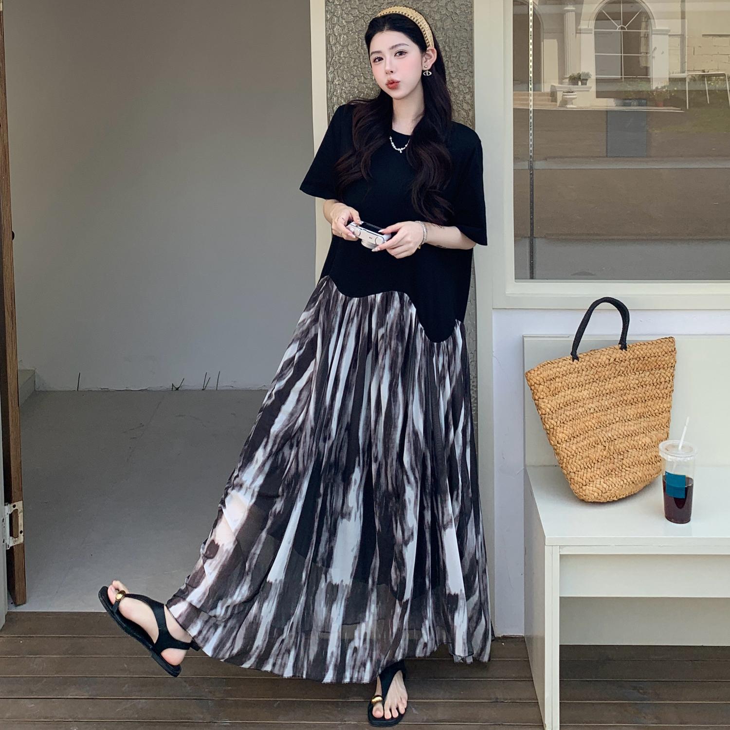 

Dimanaf 2025 Платье больших размеров Женское Летнее Винтажное Платье с вставками Базовое Длинное Повседневное Свободное Платье 3XL чёрный