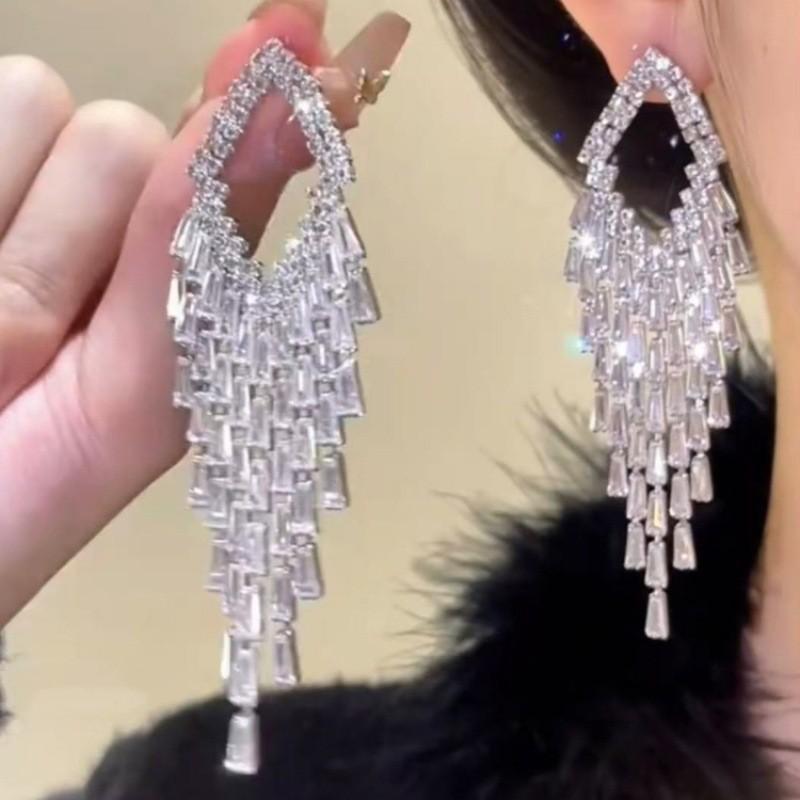 Diamond Inlaid Tassel Earrings - Silver Needle, High-End Court Style