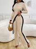New Summer Women's Fashion Color Block Long Sleeve Side Slit T-Shirt + Patchwork Pants Set
