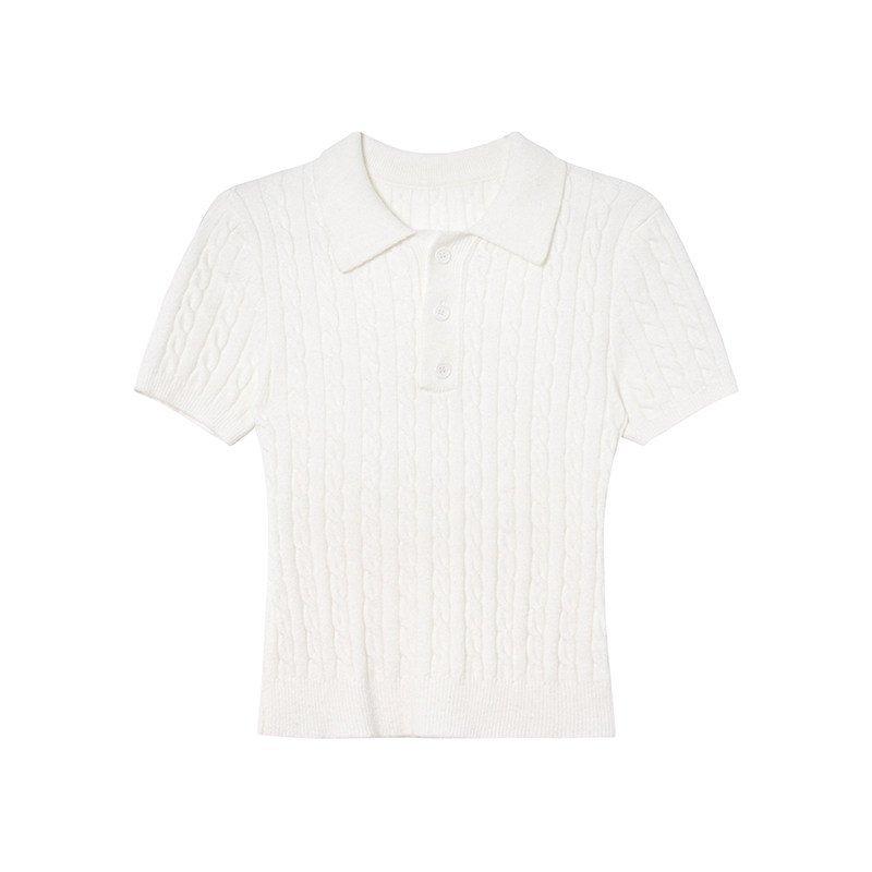 Women s Polo Collar Short Sleeve Knit Top Slim Fit Solid Cable Texture Elegant Daily Summer Sweater XS