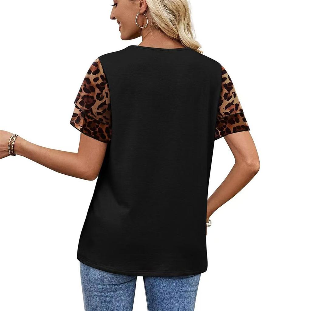 Women’s Summer Casual Round Neck Printed Double Layer Short Sleeve Pullover T Shirt Top for Daily Wear