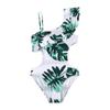 One Piece Swimsuit for Women Cut Out Design Ruffle Detail Asymmetric Strap Leaf Print Beachwear Swimwear