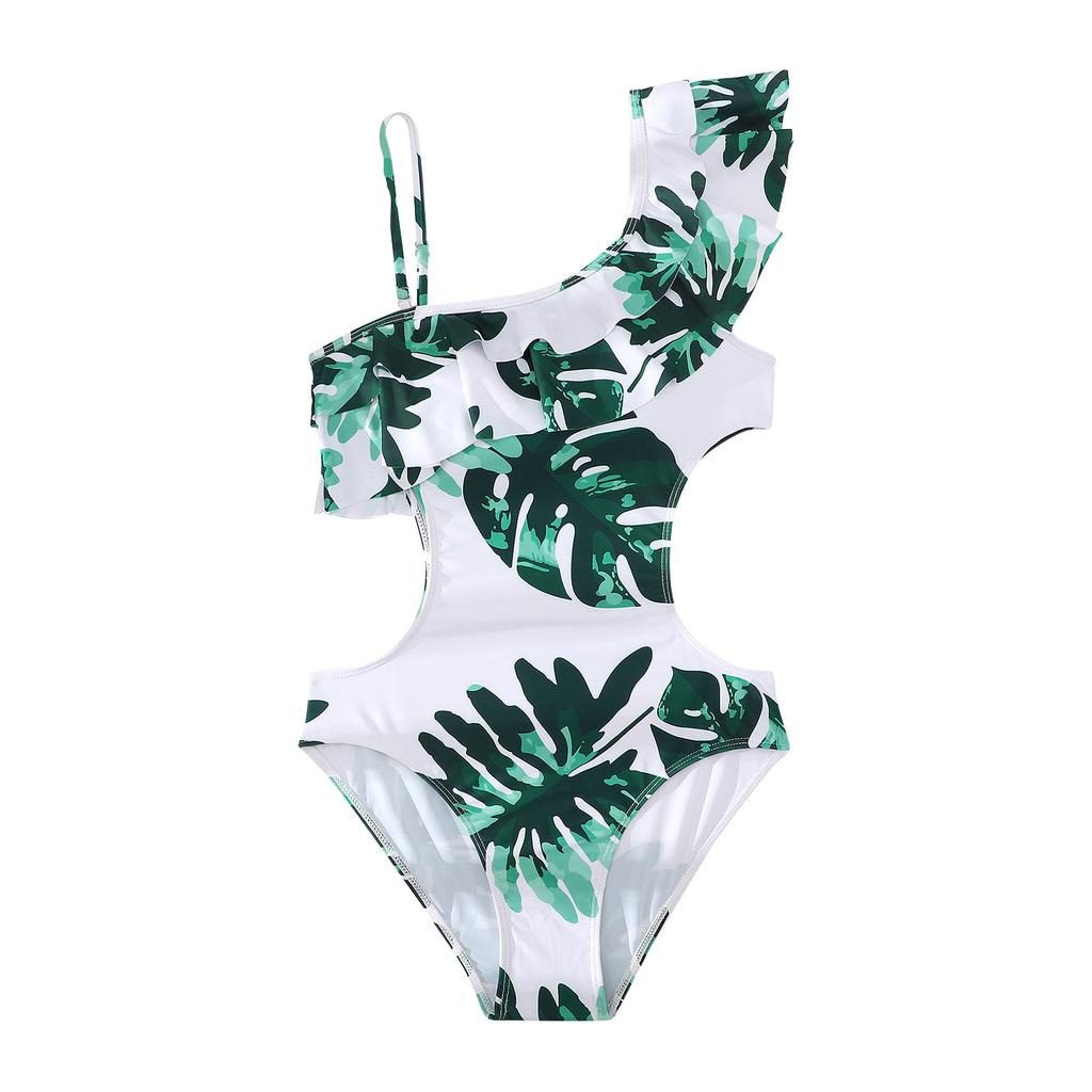 One Piece Swimsuit for Women Cut Out Design Ruffle Detail Asymmetric Strap Leaf Print Beachwear Swimwear