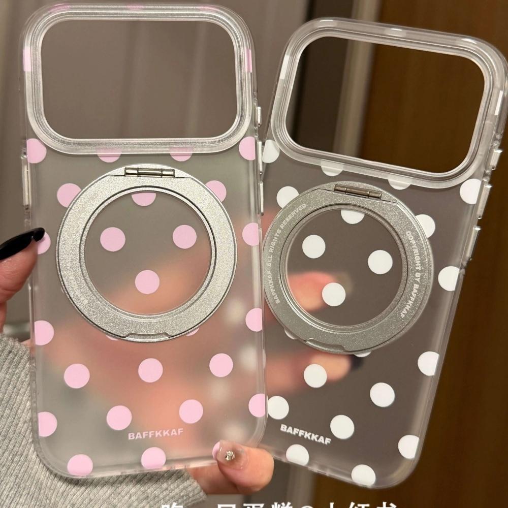 Full Screen White Pink Polka Dots 360 Rotating Stand Case for iPhone 17 Pro Max iPhone 16 Pro Protective Cover