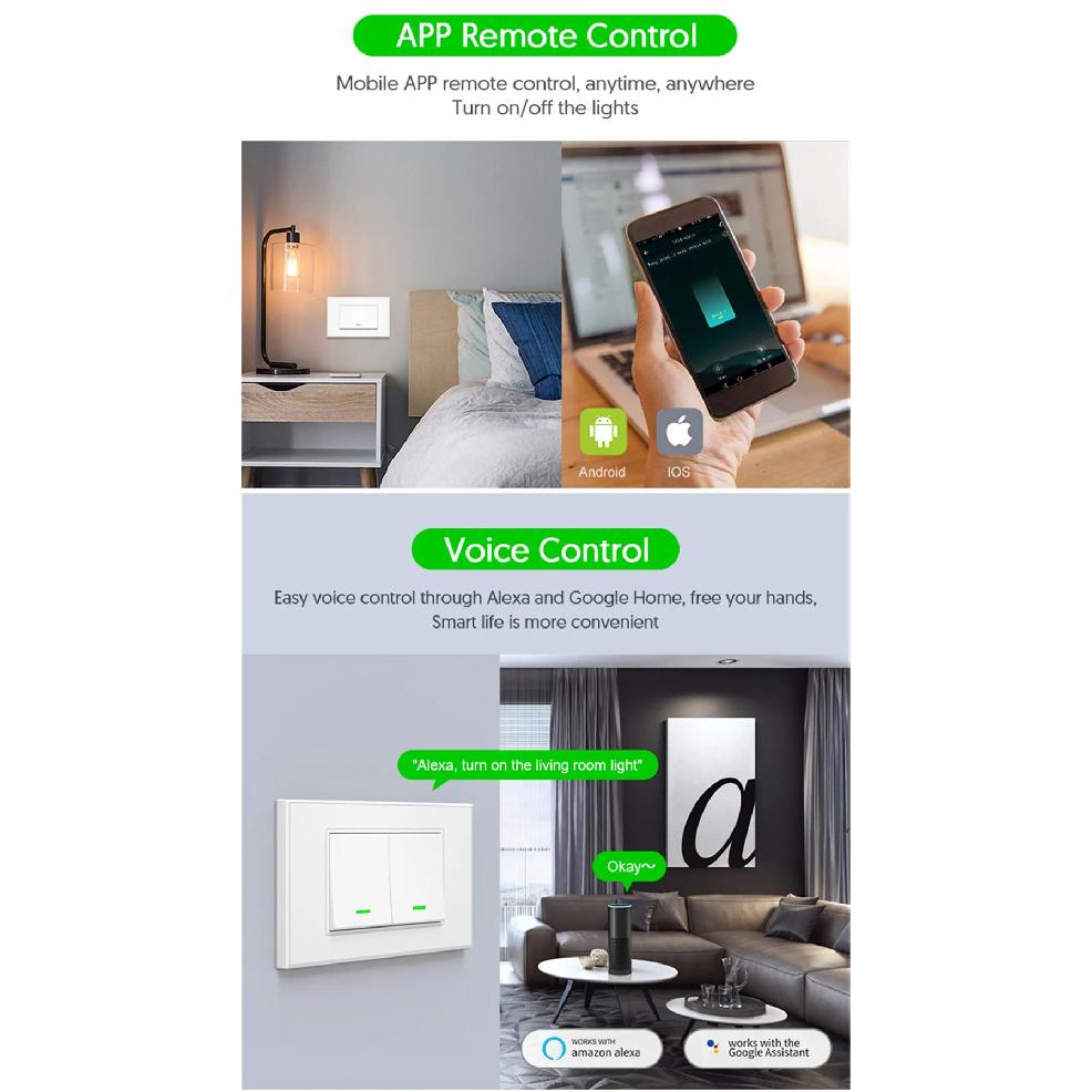 Milfra Smart Wifi Switch Neutral Wire Optional Intelligent Wall Button Light Switches AC100-240V Tuya APP Voice Control by Alexa