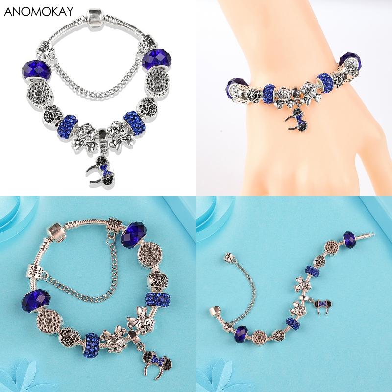Potdemiel Pink Enamel Crystal Minnie Charm Bracelets Silver Color Heart Cartoon Bead Jewelry for Women Girl Gift
