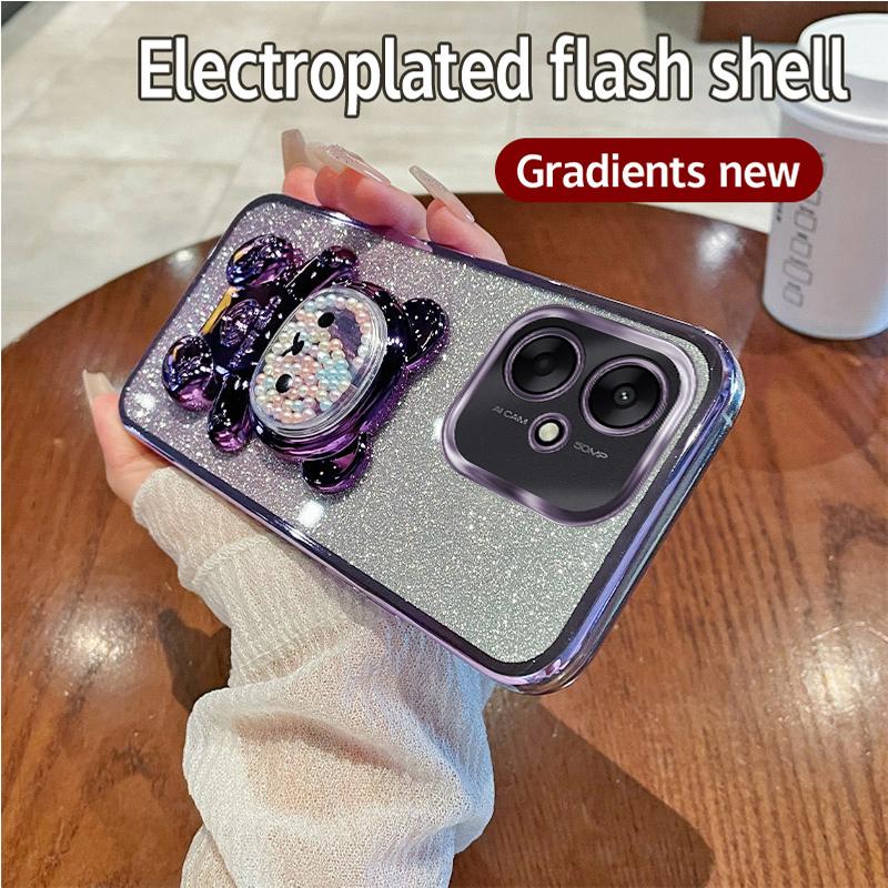 Glitter Bling Bear Silicone Phone Holder Case On For Xiaomi Redmi 13C 4G 5G Redmi13C Girl Woman Stand Back Cover