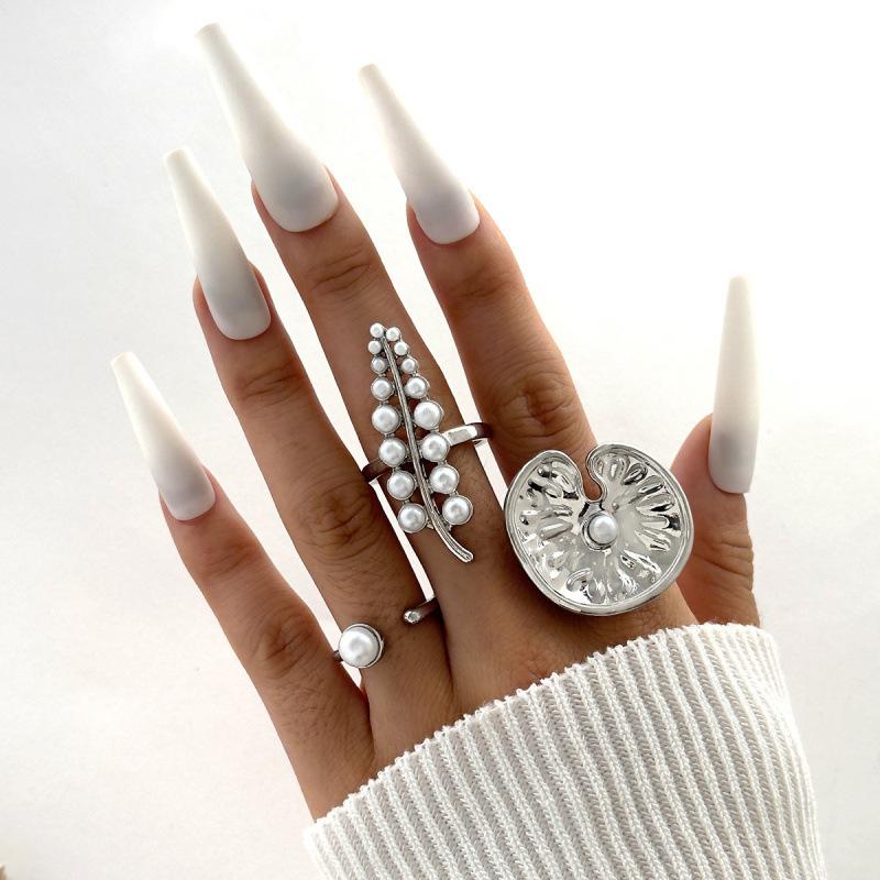 Accessories, Baroque special-shaped hollow pearl ring, geometric pendant stacked iron ring set