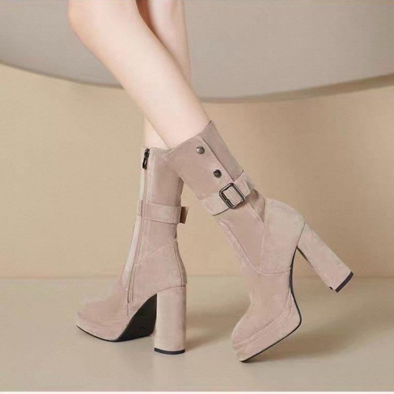 Fashion Super High Platform Round Toe Block Heel Platform Apricot Stretch Mid-leg Boots for Women