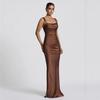 Women Square Neck Sleeveless Dress Satin Ruched Bodycon Maxi Evening Party Gown