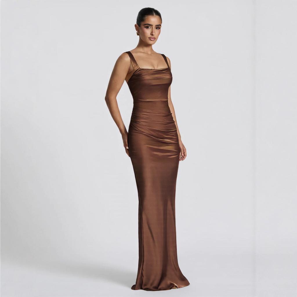 Women Square Neck Sleeveless Dress Satin Ruched Bodycon Maxi Evening Party Gown