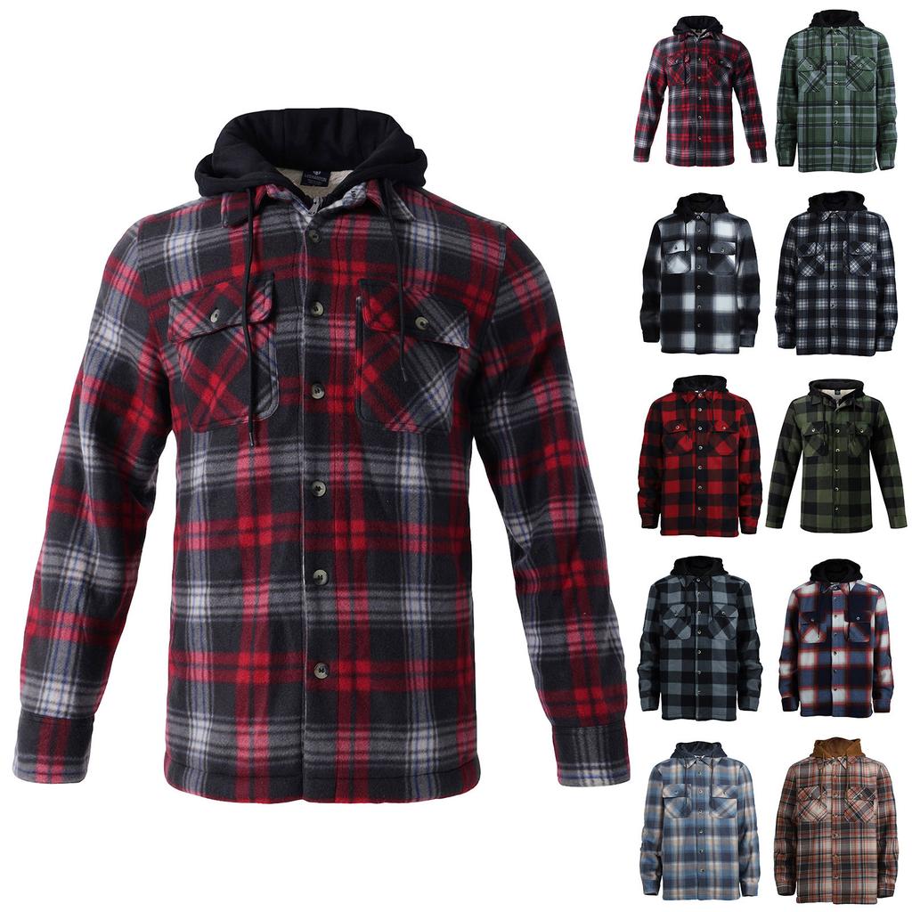 Men's Plaid Long Sleeve Shirt Men's Pocket Button Hooded Sweatshirt