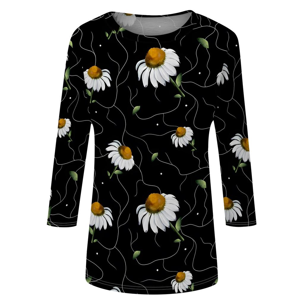Women’s Casual Floral Print Three Quarter Sleeve Crew Neck Loose Fit Pullover Top for Daily Wear Spring Summer Autumn
