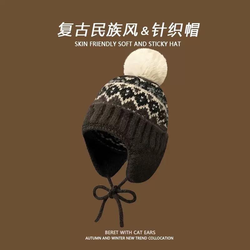 

Ретро детская осенне-зимняя шерстяная шапка с защитой ушей, теплая и утолщенная вязаная шапка-мешок на голову M（56—58cm） коричневый