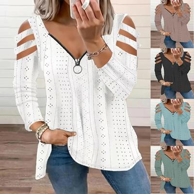 Women Spring Autumn Off Shoulder Zipper V Neck Fashion Breathable Pullover T Shirt Blouse Top