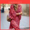 Summer Floral Print Polyester A Line Dress With V Neck And Mid Waist For Casual Wear