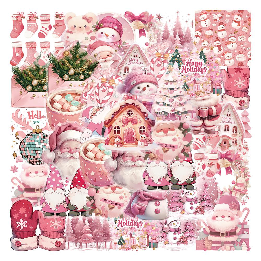 50pcs PET Pink Christmas Stickers Ins Style High Beauty Santa Claus Festival Personalized Decoration DIY Bookkeeping Stickers