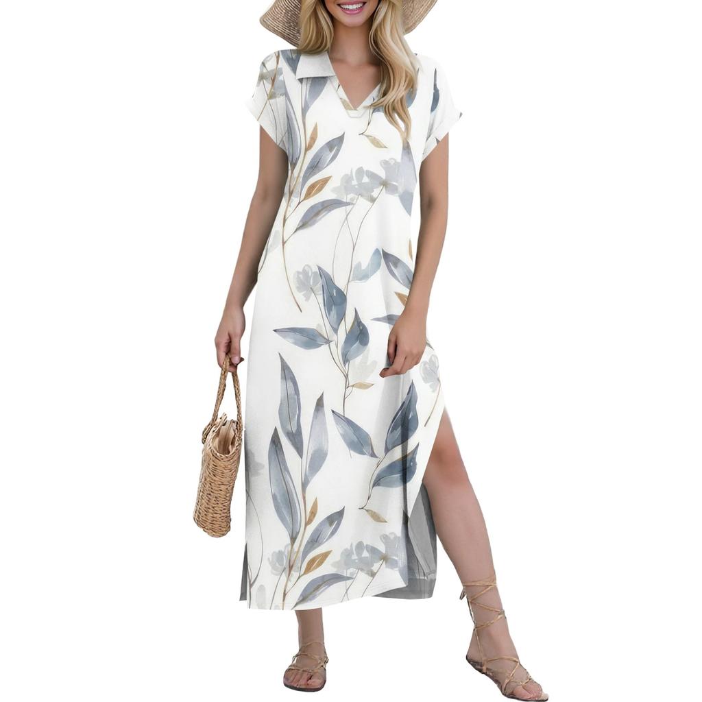Women's Casual Comfortable V Neck Loose Hem Split Vacation Short Sleeve Floral Long Dresses