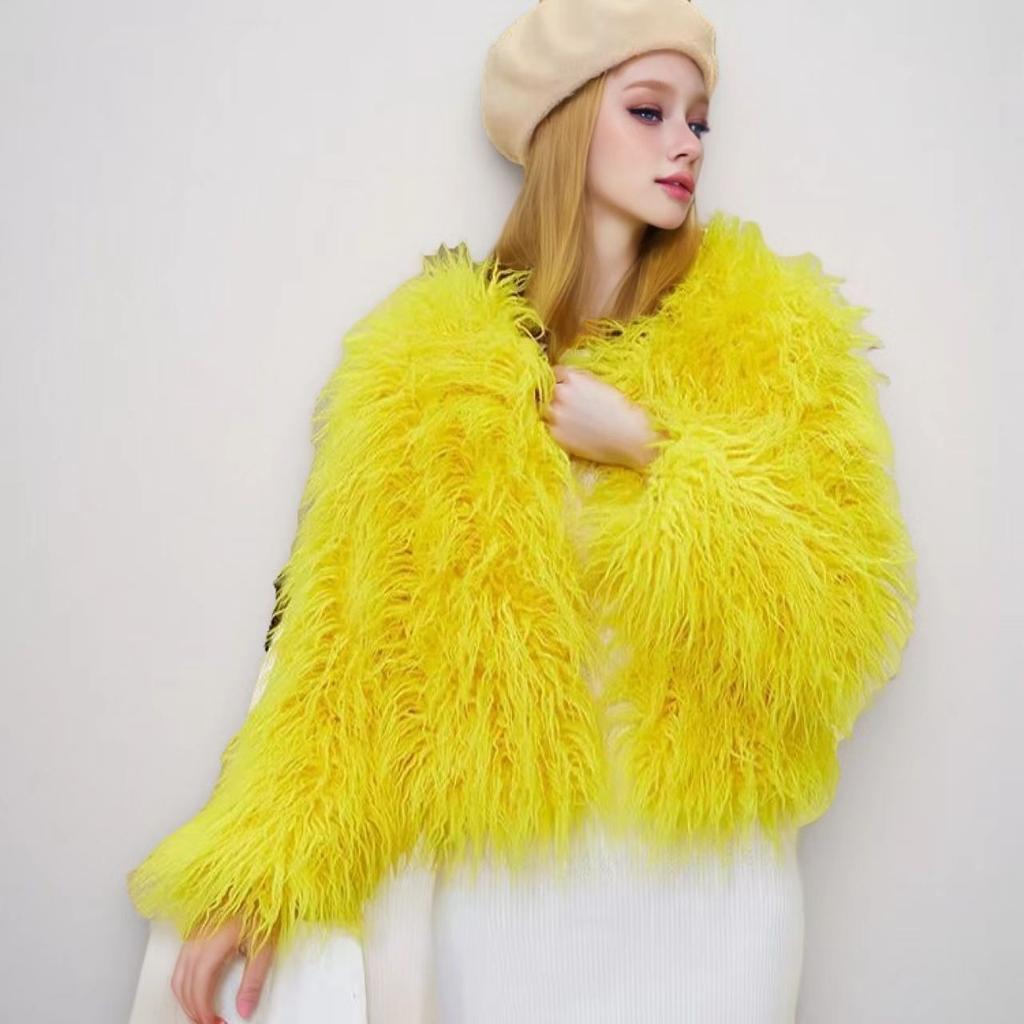 Tan sheep wool jacket wool roll imitation fur top women's short round neck winter clothing large size thickened artificial wool