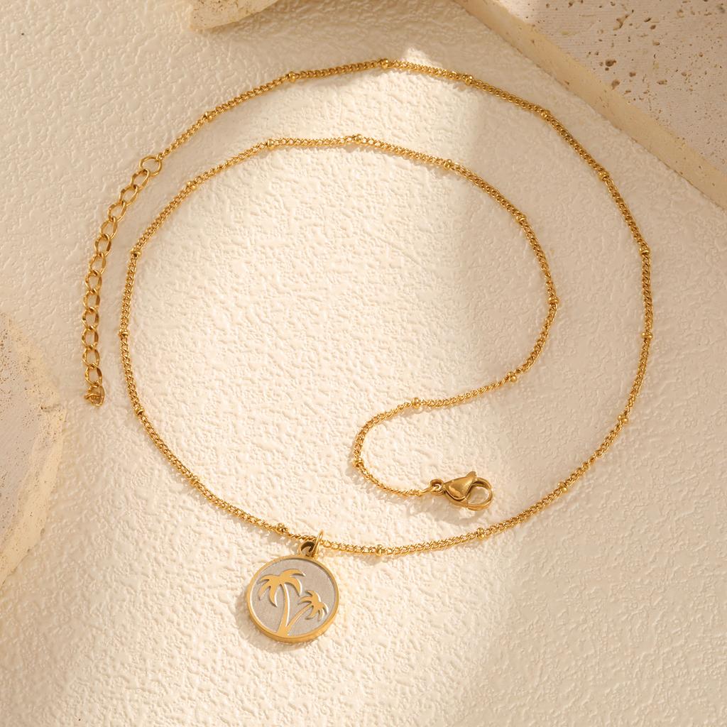 Summer Round Brand Coconut Tree Necklace for Women,Stainless Steel Twisted Bead Chain Necklaces,Beach Jewelry Mother's Day Gift