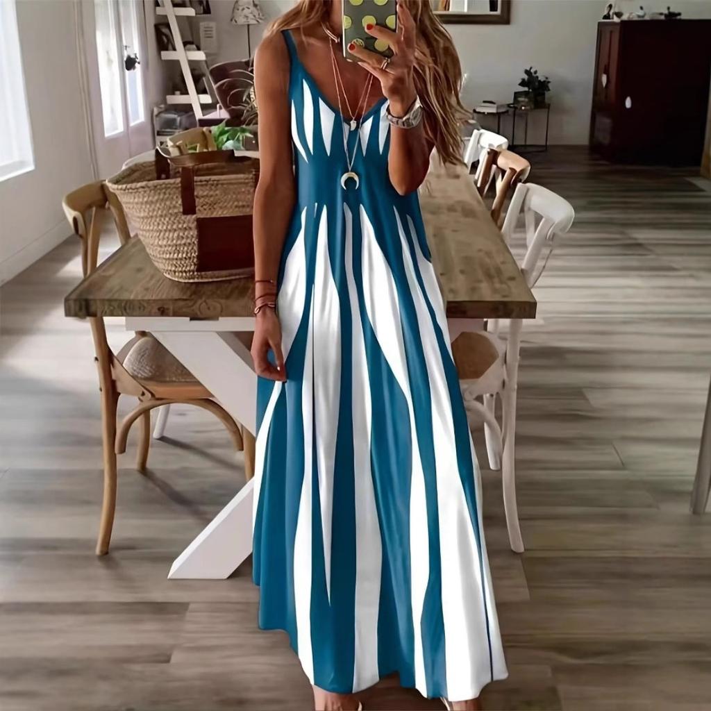 Summer New Women's Sleeveless Cami Dress, Fashion Loose Fit Geometric Pattern Casual Dress for Women, European American Style Crossbody Apparel