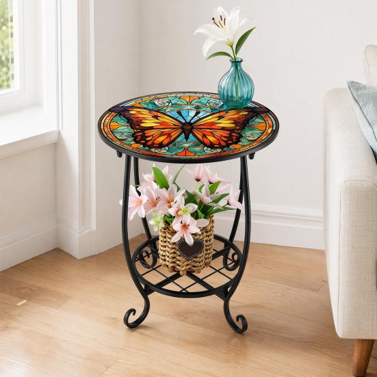 Huaqianguhh Outdoor Side Table, Round Small Mosaic Bird Butterfly Patio Accent, Indoor End Plant Coffee Tea Table for Yard Porch Garden Living