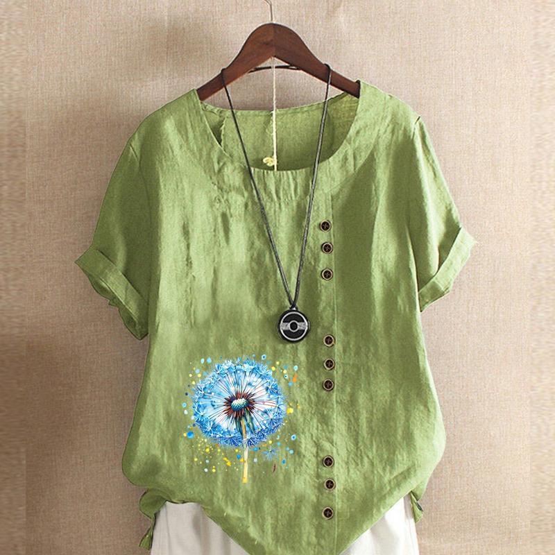 Women's Fashion Blue Dandelion Prined Short Sleeve T-shirt Loose Cotton Shirt Casual Loose Summer Blouse Tops Plus Size