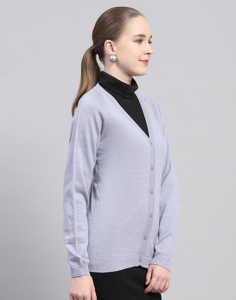 MONTE CARLO Womens Solid Light Purple V Neck Full Sleeve Cardigan