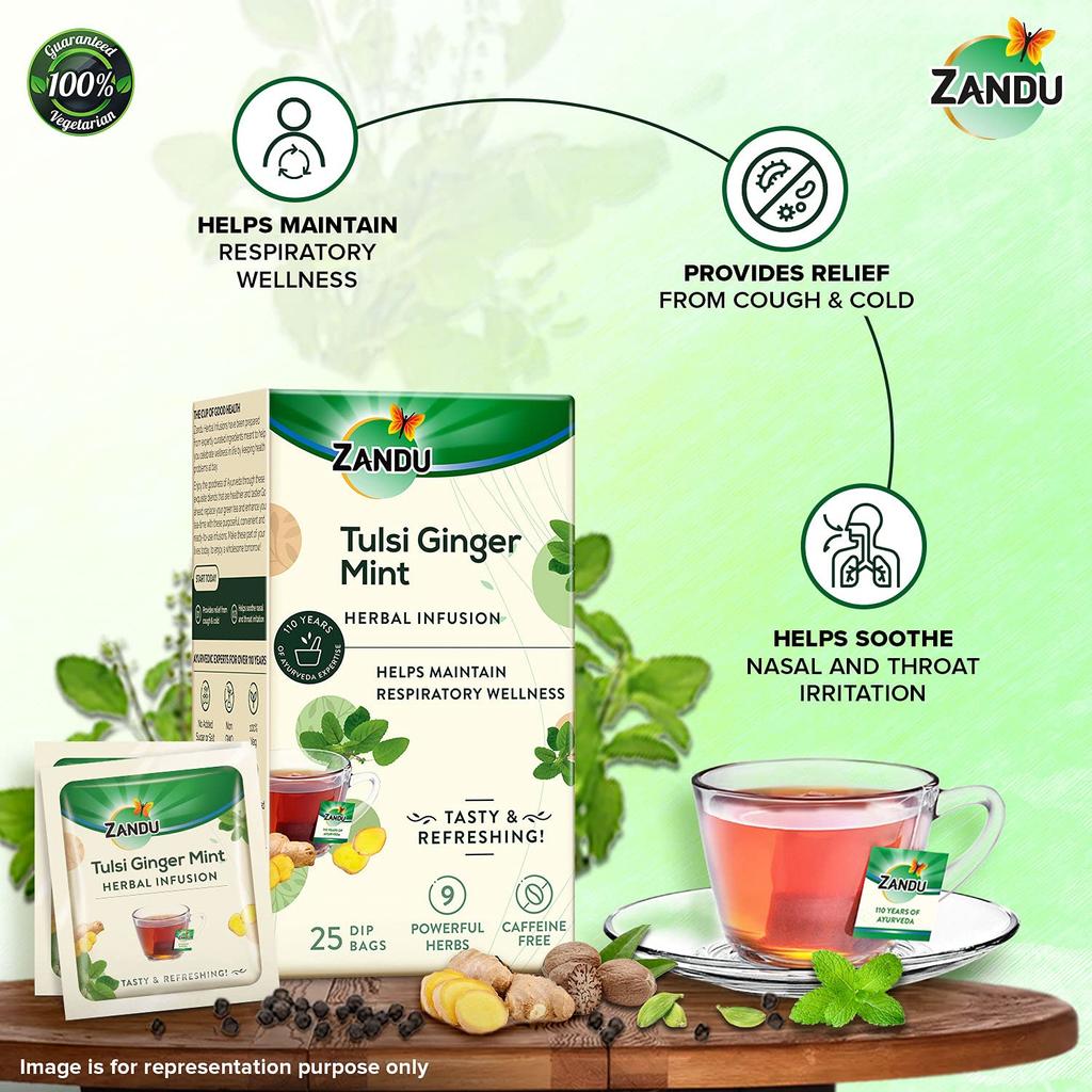 Zandu Tulsi Ginger Mint Herbal Infusion Tea  25 Tea Bags X  Pack of 2 – Refreshing Ayurvedic Wellness Drink